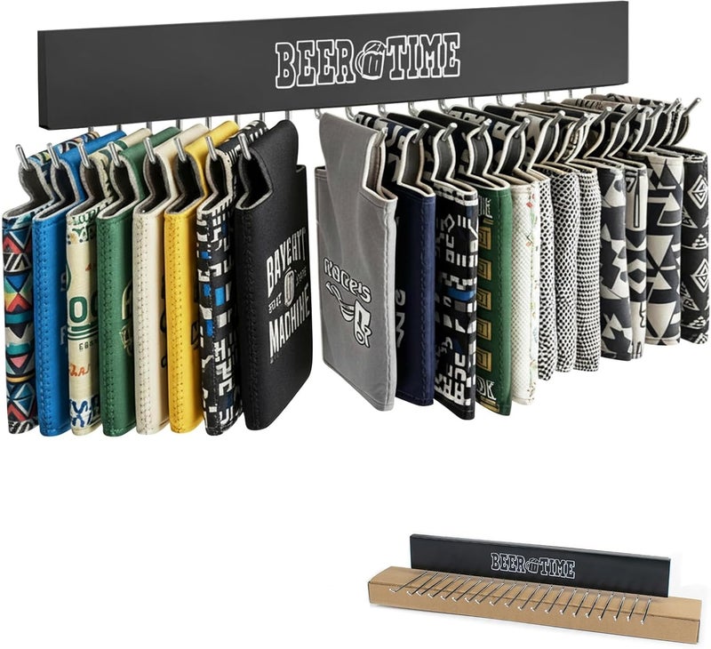 AVMDOM Magnetic Can Cooler Holder Storage Wall Mount, Cooler Organizer Rack with 20 Rotatable Metal Hooks, Adhesive Drink Cooler Dispenser, Wooden Beer Sleeve Accessories for Fridge & Wall, Rust-Resistant - Image 1